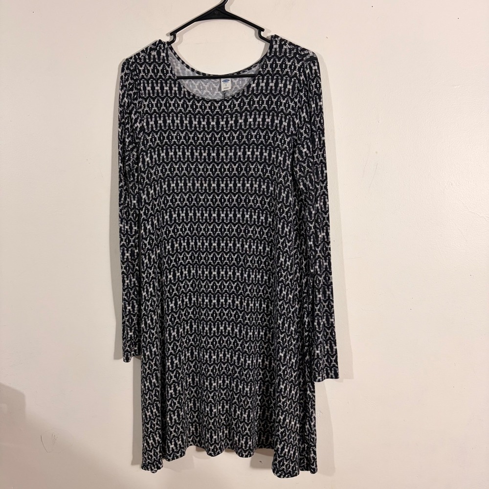 Old Navy Swing Dress Women Small Black White Geo Print Long Sleeve